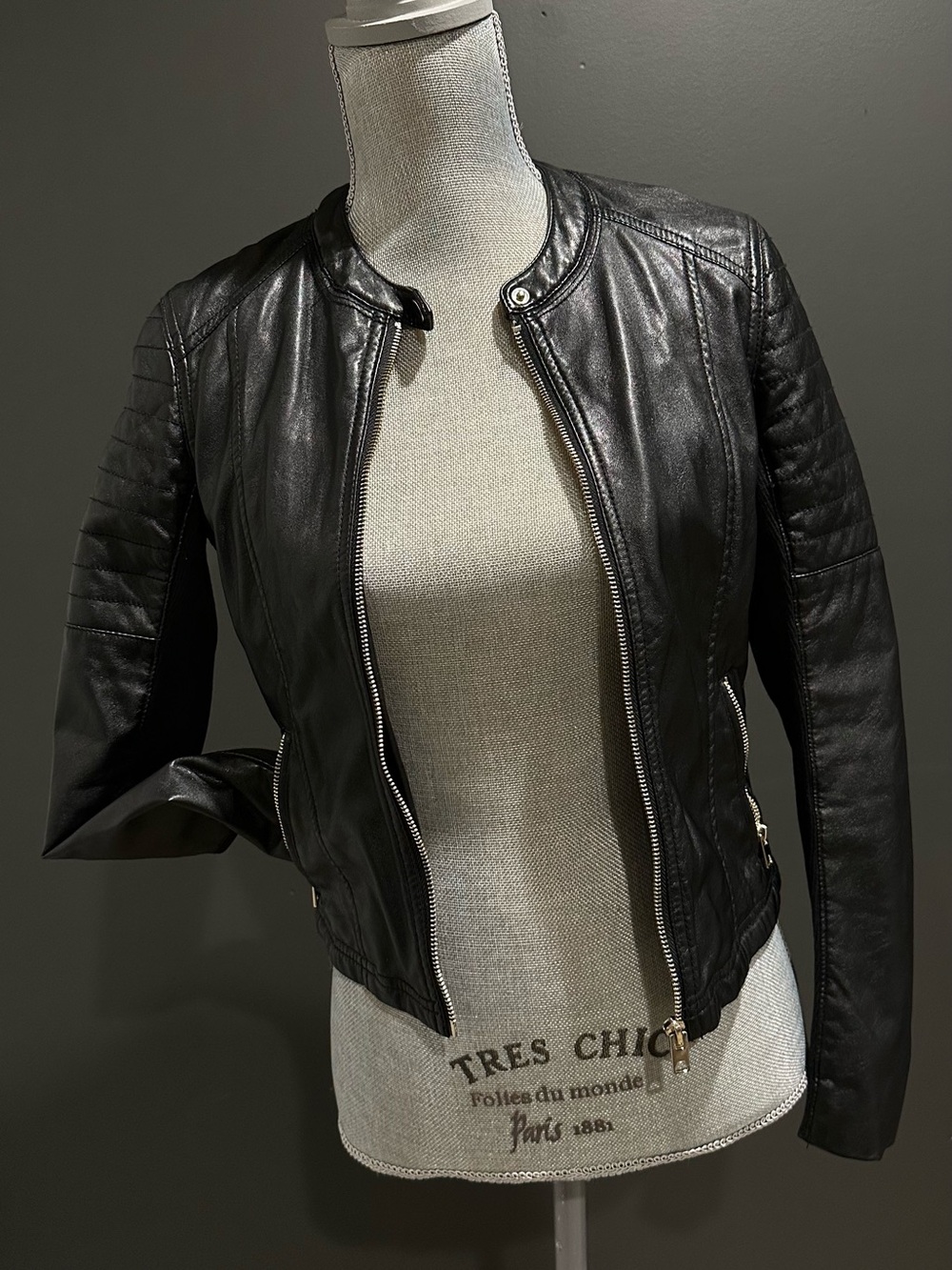 Divided Black Leather Moto Jacket with Quilted Sleeves